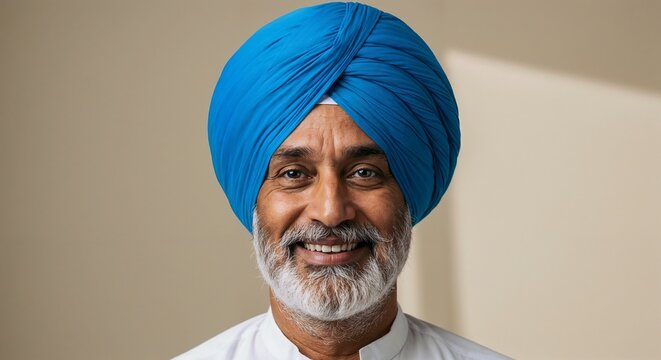 Smiling Sikh Man Portrait with Blue Turban Against Beige Background