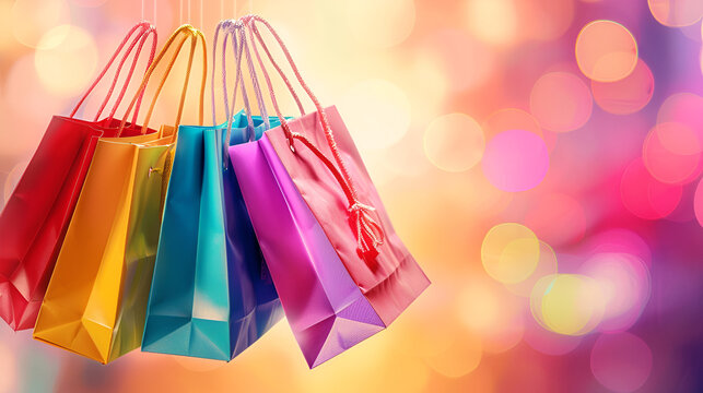 many colorful shopping bags on the background of the shopping center.
Close up woman hand with many shopping bags and credit card
