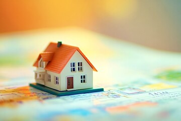 Miniature house sitting on top of blueprint during sunset