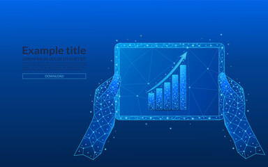 Hands holding tablet in foreground showing abstract arrow graph. Stock market concept in light blue futuristic holographic style