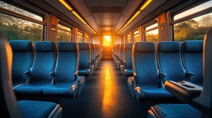 Naklejka premium Empty train interior at sunset