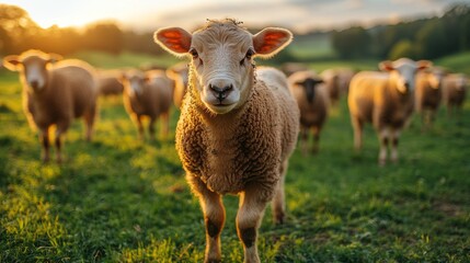 Obraz premium Close-up of Sheep on a Farm at Golden Hour in Lush Green Field