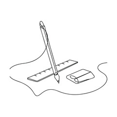 Single Line Drawing Pencil, Ruler, Eraser, Stationery, Minimalist, Art, Design, Sketch, Education, S