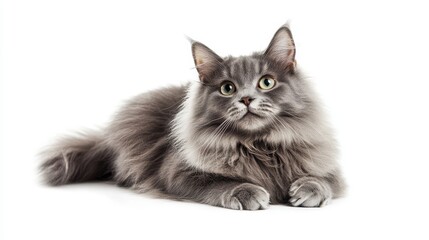 Obraz premium A beautiful long-fur grey cat sits elegantly against a white background, showcasing its fluffy coat in a studio shot.