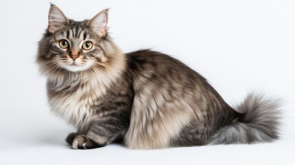 A beautiful long-fur grey cat sits elegantly against a white background, showcasing its fluffy coat in a studio shot.