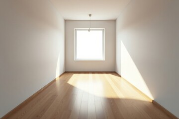 Fototapeta premium Sunlight streams into an empty room with light hardwood floors and a single window, offering a minimalist blank canvas for interior design ideas.
