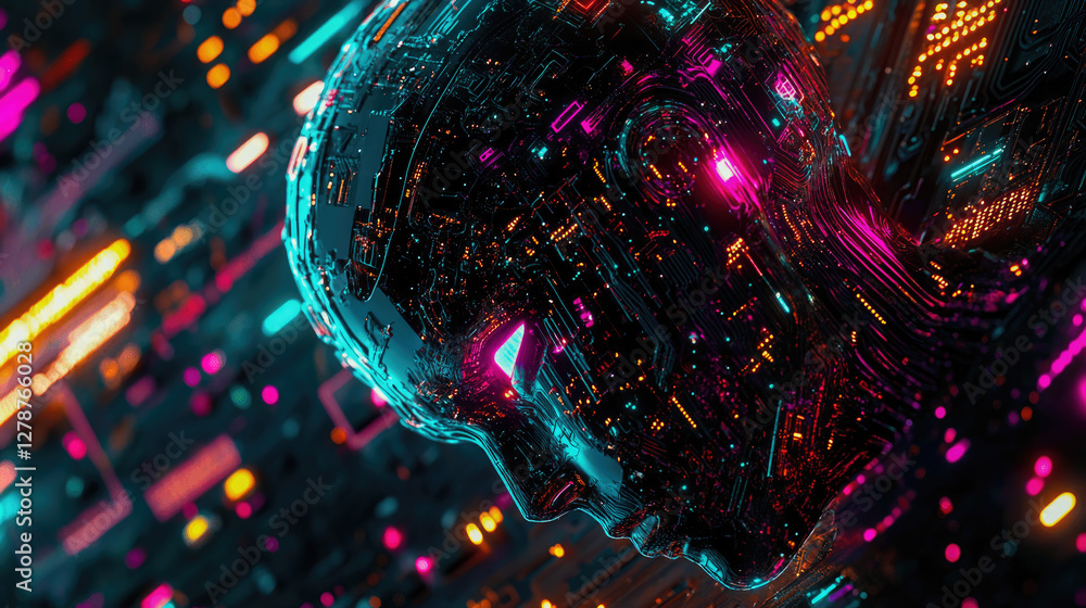 Poster futuristic digital humanoid with neon circuits and glowing data patterns in a cybernetic landscape. 
