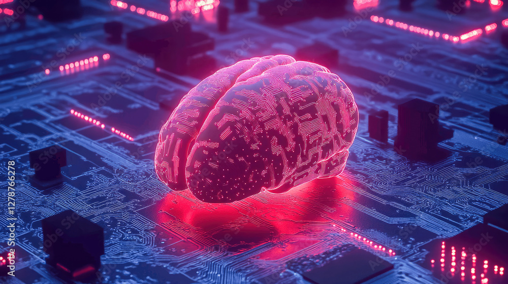 Poster digital brain glowing in neon colors on a circuit board background illustrates the fusion of technol