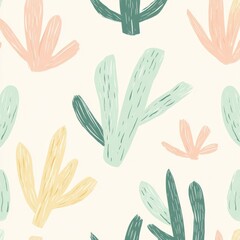 Abstract pattern of stylized cacti, pastel colors, seamless design, background