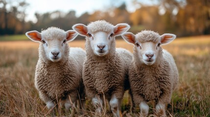 Fototapeta premium Three Curious Lambs on a Farm in Autumn Landscape