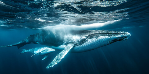 Naklejka premium Majestic Whale Swimming, Ocean Wildlife Photography, Marine Life Art, Underwater Nature Scene, Aquatic Adventure Picture