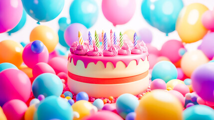 Elegant tiered birthday cake decorated with colorful sprinkles, set in a festive atmosphere. Perfect for celebration themes, party invitations, and greeting card designs