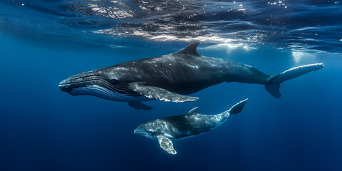 Fototapeta premium Humpback Whales Ocean Scene Wildlife Photography Aquatic Mammals under Water Parent and Calf Underwater Adventure Marine Life Picture,