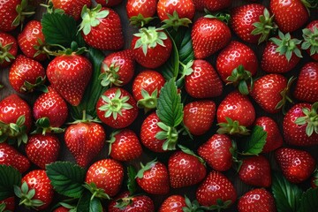 A Collection of Fresh Red Strawberries and Green Leaves