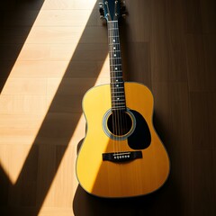 Fototapeta premium Acoustic Guitar bathed in sunlight: An acoustic guitar casts a long, striking shadow on a wooden floor, creating a captivating interplay of light and texture