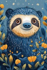 Fototapeta premium A cheerful, illustrated bear surrounded by colorful flowers and foliage.