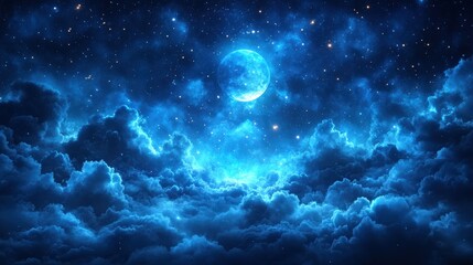 Serene night sky with a bright full moon illuminating vibrant blue clouds and stars
