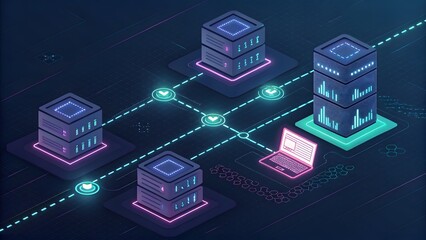 Glowing blockchain network nodes connected a di