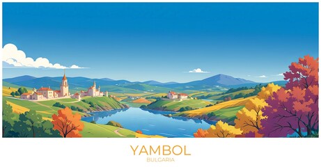 Yambol Bulgaria Travel Poster Flat Illustration Print Decor Gift Canvas Wall Art