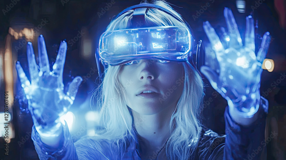 Aufkleber innovative technology demonstration with virtual reality headset and glowing hands in a futuristic s