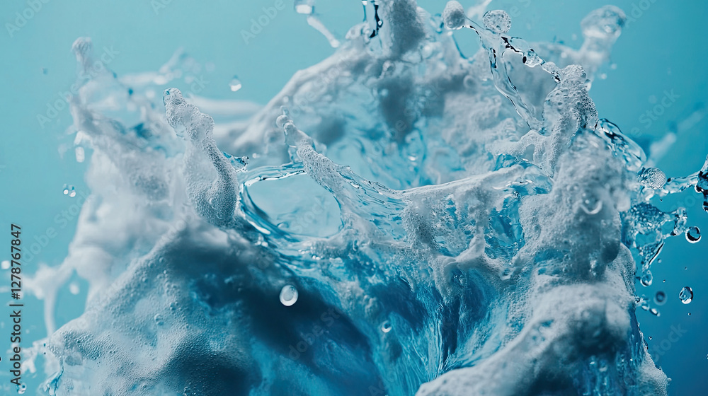 Poster water splashes dynamically against a blue background, creating an artistic display of droplets and w