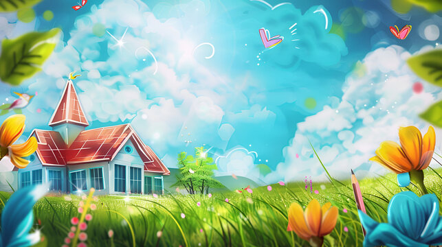 Beginning of summer solar term, outdoor house flowers and grass scene illustration summer travel 3D illustration
