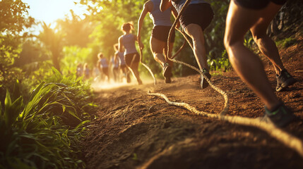 High-energy boot camp workout in a park with participants performing squat jumps, kettlebell swings, and sprints, surrounded by greenery, under bright sunlight