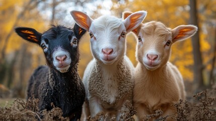 Fototapeta premium Cute Young Lambs on a Farm Surrounded by Autumn Foliage