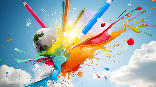 Capture a vibrant explosion of color as shades of purple, blue, yellow, orange and red swirl and blend together.
Colorful paper airplane soaring through clear blue sky artwork creative environment 