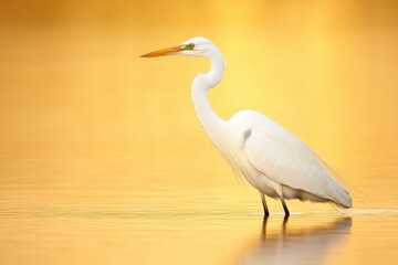 Fototapeta premium Elegant heron stands gracefully in shimmering golden waters, ref