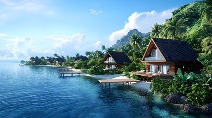 Obraz premium stunning tropical beachfront villas, crystal clear ocean, and lush green vegetation create a paradise setting