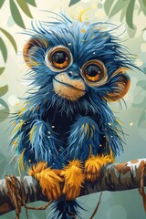 Fototapeta premium A vibrant, cartoonish monkey with fluffy blue fur and large eyes sitting on a branch.