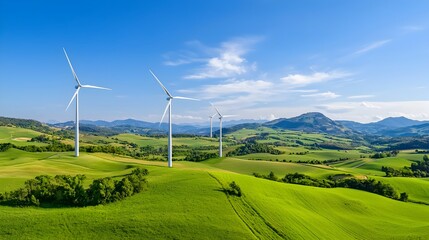 wind turbines standing tall on rolling green hills under a bright blue sky, capturing the power of the wind for clean energy