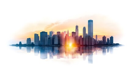 Obraz premium a city skyline silhouette with sunrise or sunset reflection on the water