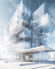 A sophisticated urban apartment building concept with a transparent 3D blueprint effect, showing structural framework, facade materials, and engineering precision 