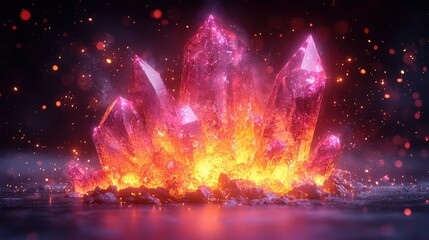 Glowing Pink Crystals Radiating Energy in a Fiery and Mystical Setting
