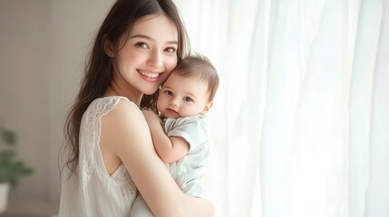 Loving Mother Holding Baby in Bright and Warm Home