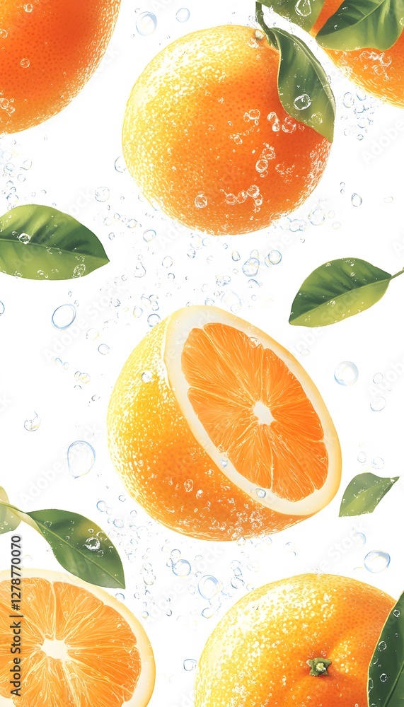 Poster several oranges and orange slices float with water droplets around them