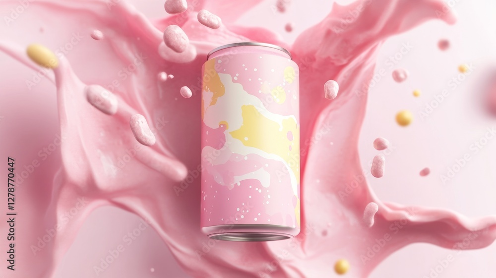 Poster modern 3d render of a smooth probiotic drink can in splashing liquid