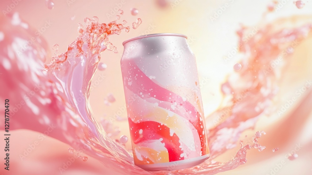 Poster modern 3d render of smooth probiotic drink can with splash effect