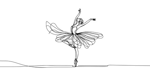 Classical female dancer in continuous line art drawing style. Girl dancing black line sketch on white background. Vector illustration