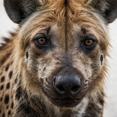 A detailed close-up of a hyena’s face with piercing eyes, isolated on white.