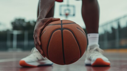 Naklejka premium A close-up photo of a basketball player holding a basketball on the court.