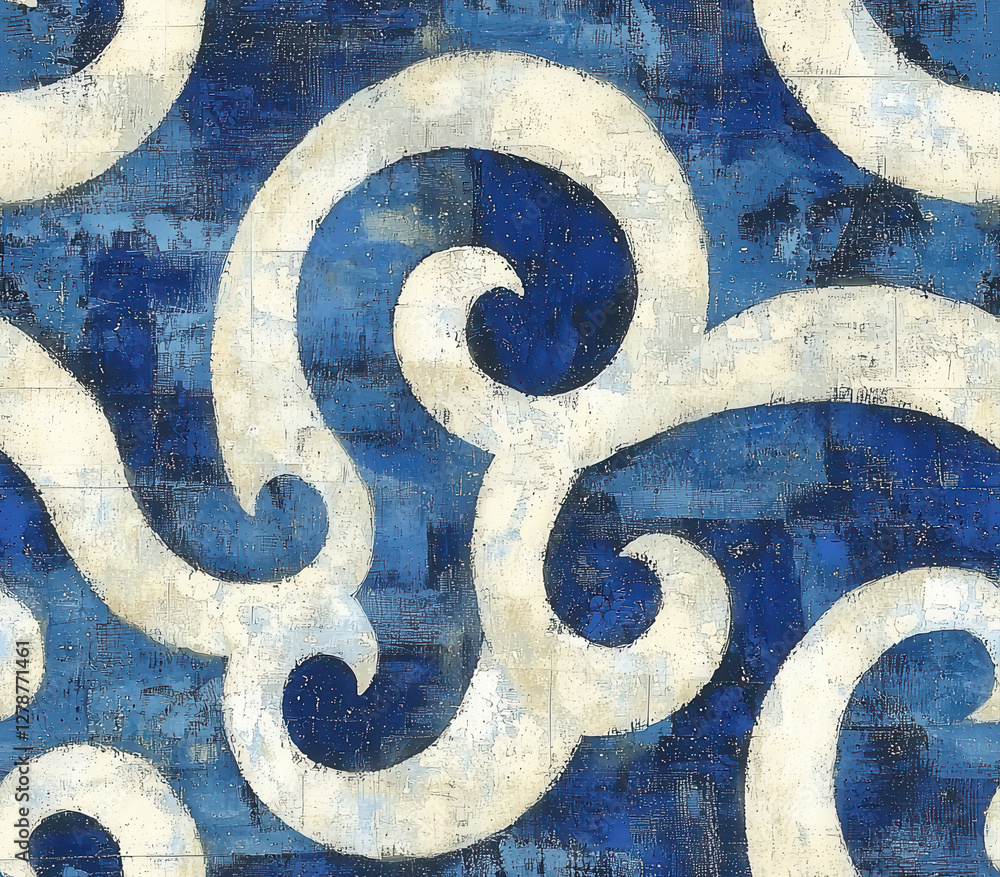 Poster delicate swirls of muted cobalt blue and soft cream create calming pattern, seamless pattern style.