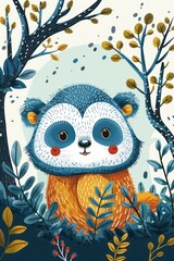 A cute, illustrated animal with a fluffy blue and orange coat surrounded by foliage.