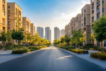 A tranquil urban scene featuring a smooth asphalt road flanked by contemporary high-rise apartments and evenly spaced trees, illuminated by golden sunlight under a clear blue sky 
