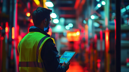 Industrial engineer wearing high visibility vest using tablet, checking production process in factory at night