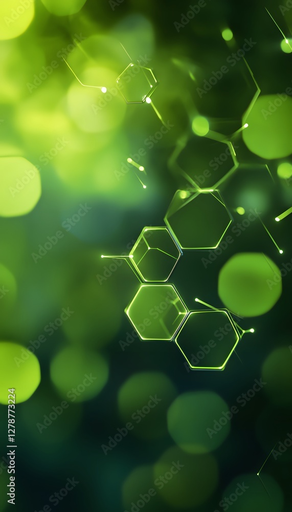 Poster green hexagonal molecules with glowing connections on bokeh background