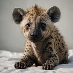 Obraz premium A baby hyena sitting with big, curious eyes, centered on a clean white canvas.