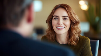 Close-up of two people in an interview setting, with the woman on one side smiling and looking directly at camera while being interviewed by HR manager 